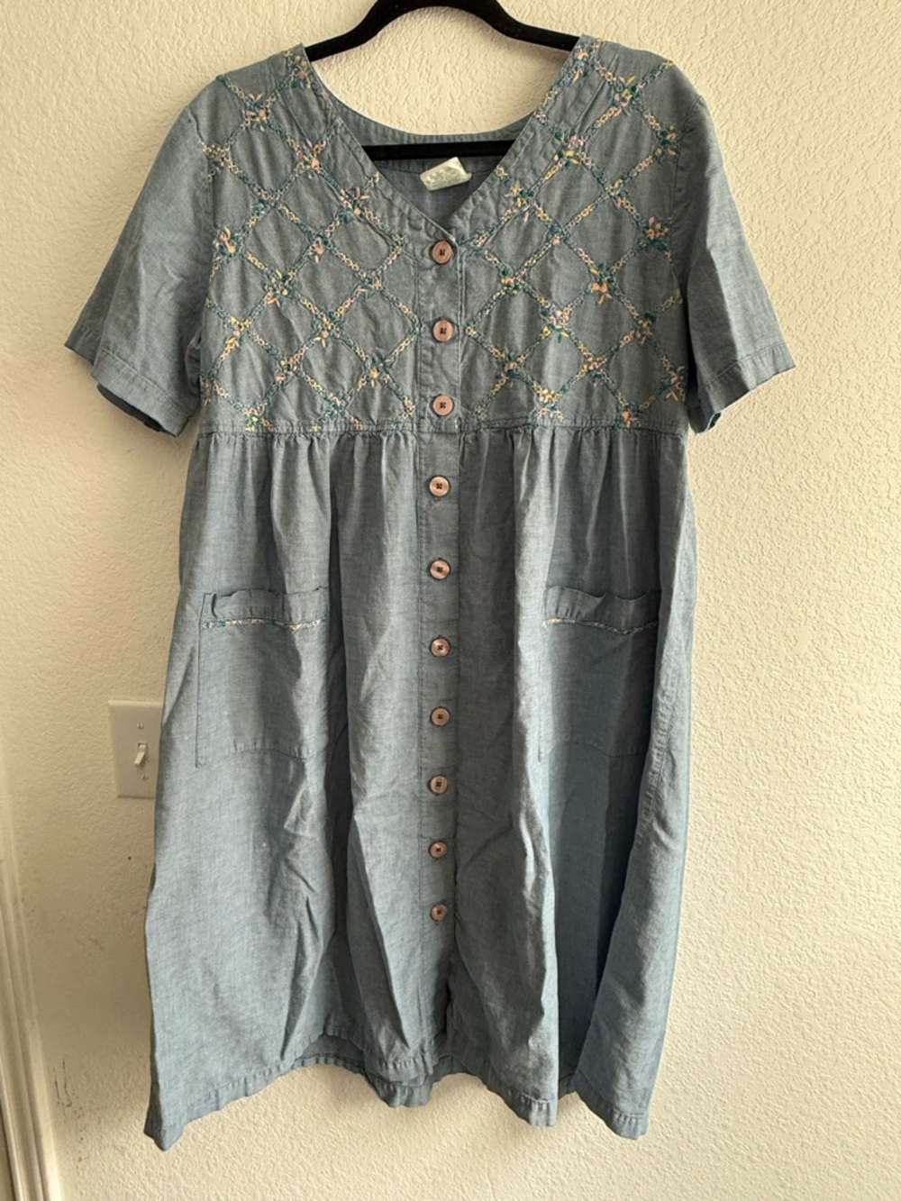 Bechamel Light Blue Embroidered Button-Up Dress Vintage Cotton